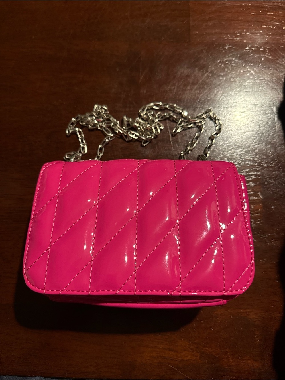 Quilted Patent Pink Crossbody Bag with Silver Chain